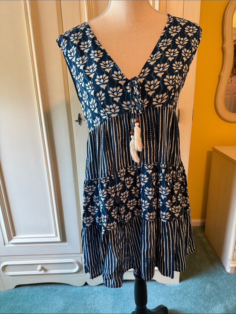 Japna Beachwear Women’s Navy Floral Tiered V-Neck Dress with Tassel Tie